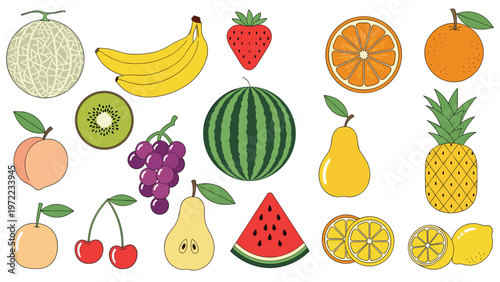 Collection of colorful fruit icons including melon, banana, strawberry, orange, peach, watermelon, and pineapple on a white background.