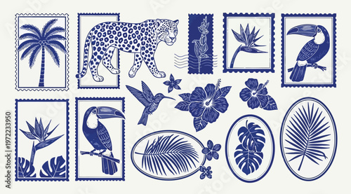 Tropical jungle collection of blue stamps and botanical elements with exotic animals and plants