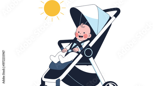 Happy baby sitting in a modern black and white stroller outdoors on a sunny day with the bright sun shining in the sky.
