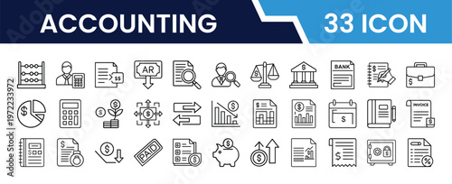 Outline Accounting Icon Set in Line Art Style for Ledger, Calculator, Invoice, Tax, Budget, Bookkeeping, Financial Reports, and Digital Interface Design
