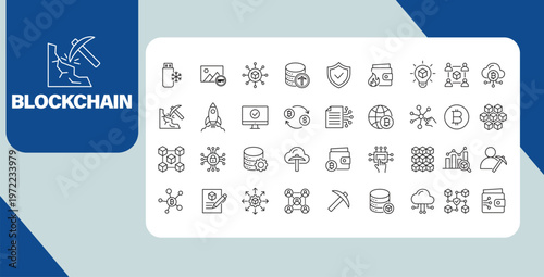 Blockchain technology concept banner with cryptocurrency network and digital finance line icons set