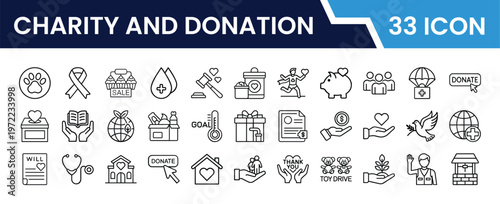 Outline Charity and Donation Icon Set in Line Art Style for Helping Hands, Heart, Fundraising, Volunteer, Support, Community Care, and Digital Interface Design