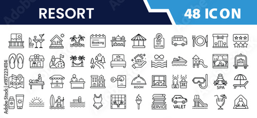 Outline Resort Icon Set in Line Art Style for Hotel, Beach, Pool, Spa, Restaurant, Vacation, Travel, and Digital Interface Design