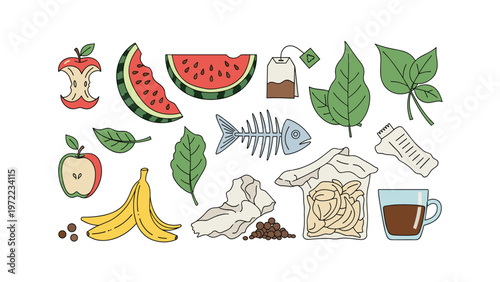 Diverse set of organic and household waste items including fruit scraps, fish bone, tea bag, paper, and leaves for composting or recycling ads.