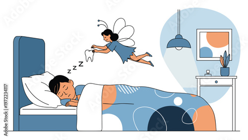 Enchanting scene of a tiny tooth fairy flying over a sleeping boy in his bed to exchange a fallen tooth for a special reward during the night.