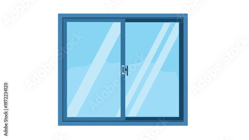 Modern blue double-pane sliding glass window with a dark frame shown closed against a plain white background for architectural design.