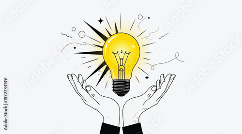 Stylized glowing light bulb held by protective hands, symbolizing creativity, innovation, inspiration, and nurturing ideas, with radiant lines representing brightness, imagination, and visionary think