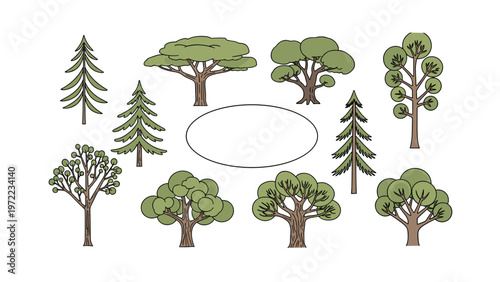Collection of different green tree types including pines and broadleaf varieties arranged around a central blank white oval frame.