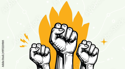 Raised fists in protest against a stylized flame background, symbol of power, resistance, and social activism