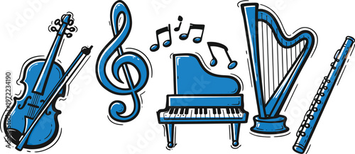 Set of classical music icons featuring a variety of musical instruments and symbols
