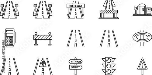Vector Icons Set of Roads, Highways, Traffic Signs, Barriers, and Toll Booths for Transportation and Infrastructure Design Projects