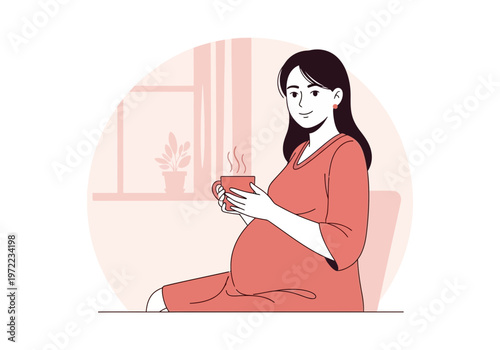 妊婦の女性が室内で温かい飲み物を持ち、リラックスしている様子を描いたイラストです。