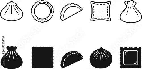 Collection of four cartoon dumplings and buns with different shapes and textures
