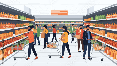 Busy supermarket interior filled with diverse shoppers using carts and bags to buy products from fully stocked shelves in various food aisles.