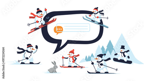 Group of cheerful snowmen enjoying winter sports like skiing and snowboarding around a large blank speech bubble on a snowy day.