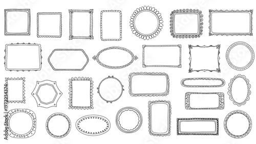Decorative set of various empty hand-drawn frames and borders in different shapes like circles, ovals, and rectangles for creative artistic design.