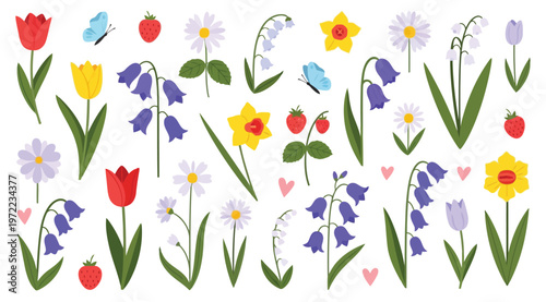 Set of spring flowers, butterflies, and strawberries