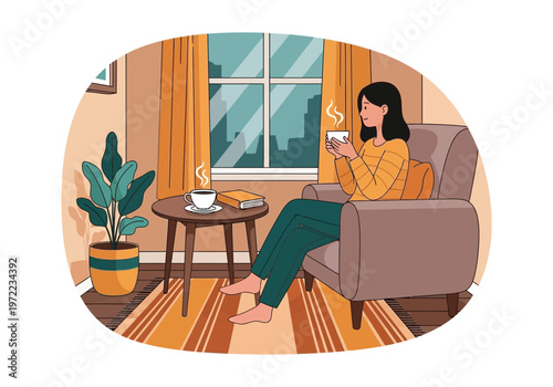 居間でくつろぐ女性がコーヒーを飲みながらスマートフォンを操作している様子。