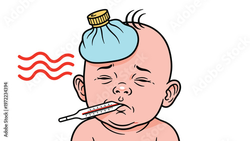 Infant child with a high fever wearing an ice pack on head and holding a thermometer in mouth for pediatric health concepts.
