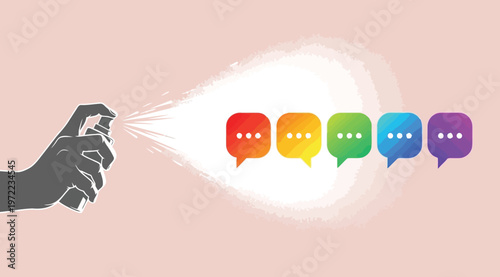 Hand spraying colorful speech bubbles with ellipsis symbols on a pink background