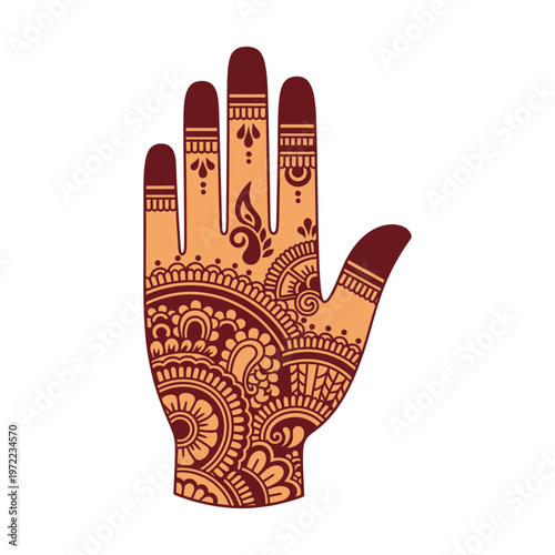 手のひらに施された伝統的な模様のヘナタトゥー、詳細なデザインと幾何学模様が特徴的です。