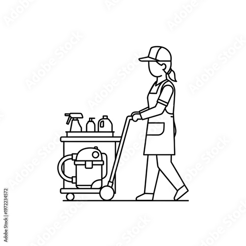 掃除をしている女性のイラスト、彼女はキャップとエプロンを着用し、掃除用具を持っている。