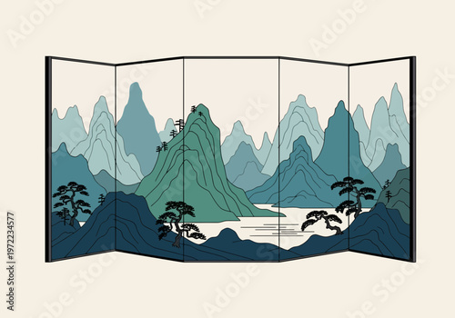 日本の伝統的な屏風に描かれた山と樹木の風景、静かな自然の風景が表現されている。