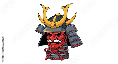 日本の伝統的な鎧と兜を身に着けた武士のイラスト。赤い顔と威厳のある表情が特徴的です。