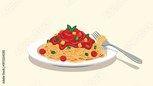 Delicious plate of spaghetti topped with rich tomato sauce, cherry tomatoes, and basil served with a fork on a light cream background.