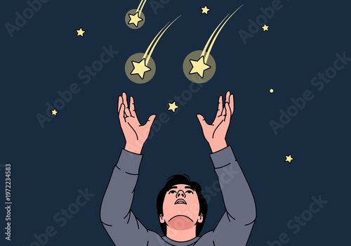 星を掴もうと手を伸ばす人物のイラストで、夜空に流れ星が描かれている。
