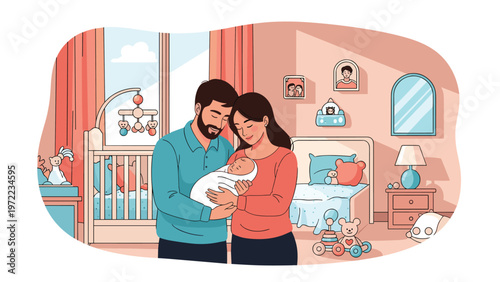 Heartwarming scene of a young mother and father holding their newborn baby in a beautifully decorated nursery with a white crib and soft toys.