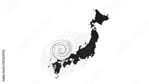 Map of Japan showing a large swirling typhoon storm system approaching the islands with heavy rain lines in black and white.