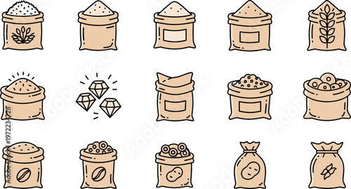 Vector Icons Set of Burlap Sacks Containing Flour, Diamonds, and Other Goods for Food, Grocery, and Commodity Design Projects