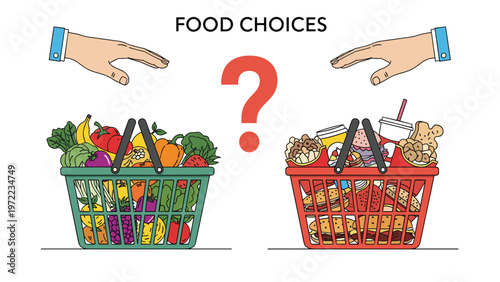 Nutrition choice concept showing a hand hovering over two shopping baskets filled with either healthy fresh vegetables or unhealthy fast food meals.