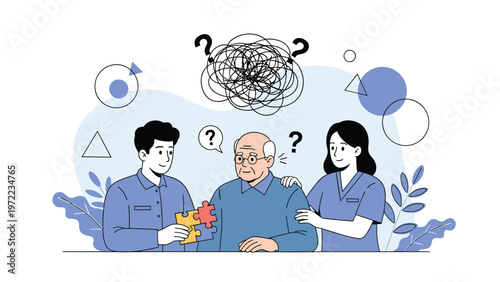 Health care concept showing an elderly man with memory loss or dementia supported by two professional medical caregivers in a blue shaded setting.