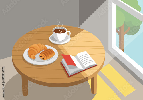 木製の丸いテーブルにコーヒーカップとクロワッサン、開いた本が置かれ、窓の外に木が見える。