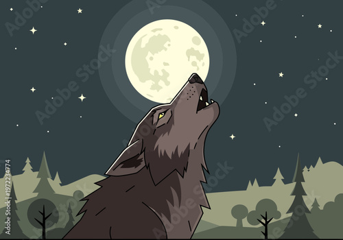 月明かりの下、吠えるオオカミが夜空を見上げている風景。