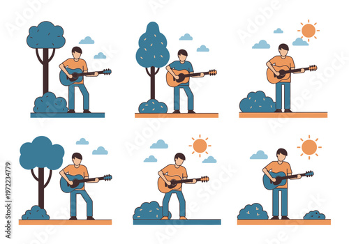 木の下でギターを弾く男性のイラストが六つ並んでいる。