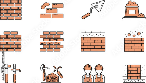 Vector Icons Set of Bricklaying Tools, Bricks, and Construction Workers for Building and Masonry Design Projects