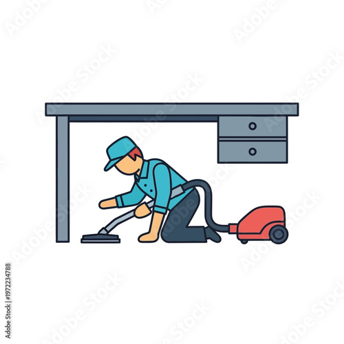 机の下で掃除機を使って掃除している人物のイラストです。