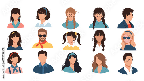 Large set of diverse male and female avatars with various hairstyles, accessories, and clothing styles for social media and website user profiles.