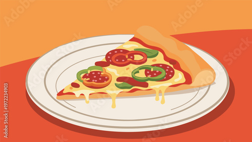 Appetizing slice of pepperoni and green pepper pizza with melted cheese on a white plate against a warm orange background.
