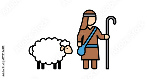 牧羊をしている女性と羊のイラスト。女性は杖を持ち、羊は横に立っているシンプルなデザイン。
