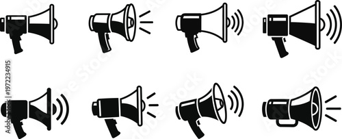 Set of black megaphone icons in various styles and angles for loud speaker announcement and communication marketing symbol design.