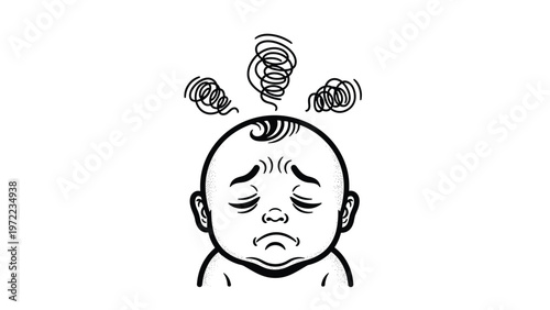 Sad infant child with a frowning expression and swirl lines above head indicating confusion, dizziness, or distress on white background.
