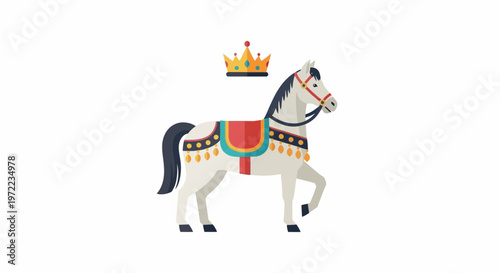 王冠を持つ装飾された白馬のイラスト。馬は宝石や装飾品で飾られている。