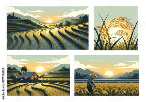 田んぼと農家、稲穂を持つ農夫、夕焼けの風景を描いたイラストです。
