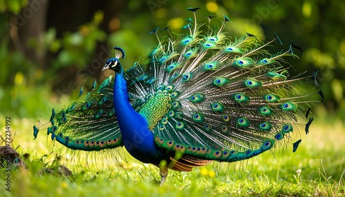 Brilliant peacock displays its vibrant plumage in a lush green setting, a dazzling spectacle of nature