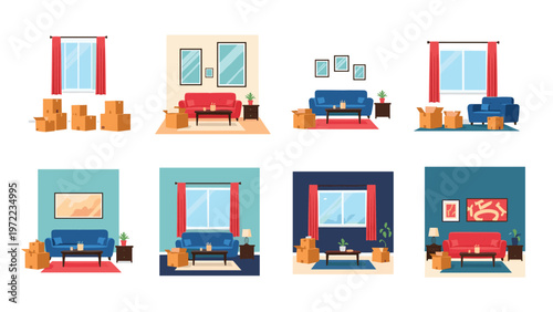 Collection of various living room interior designs showing the process of moving into a new home with many cardboard boxes and different furniture.