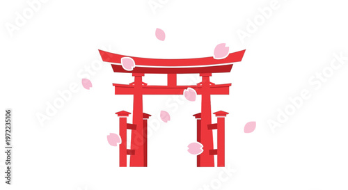 神社の鳥居と桜の花びらが描かれたシンプルなイラストです。